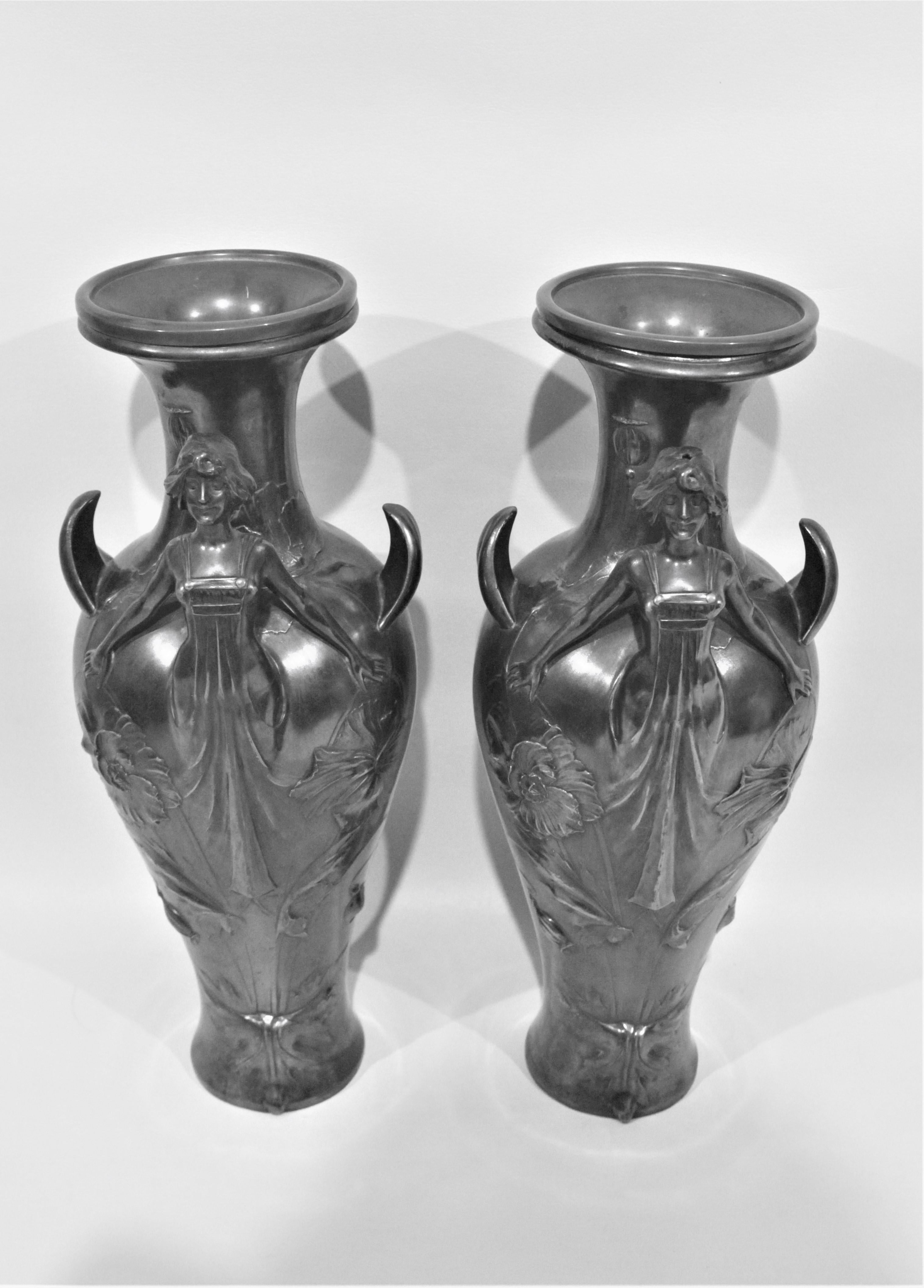 Pair of Art Nouveau Silver Plated Vases with Stylized Female Figures For Sale 4