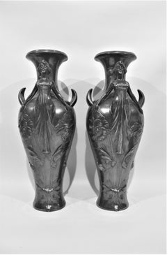 Pair of Art Nouveau Silver Plated Vases with Stylized Female Figures