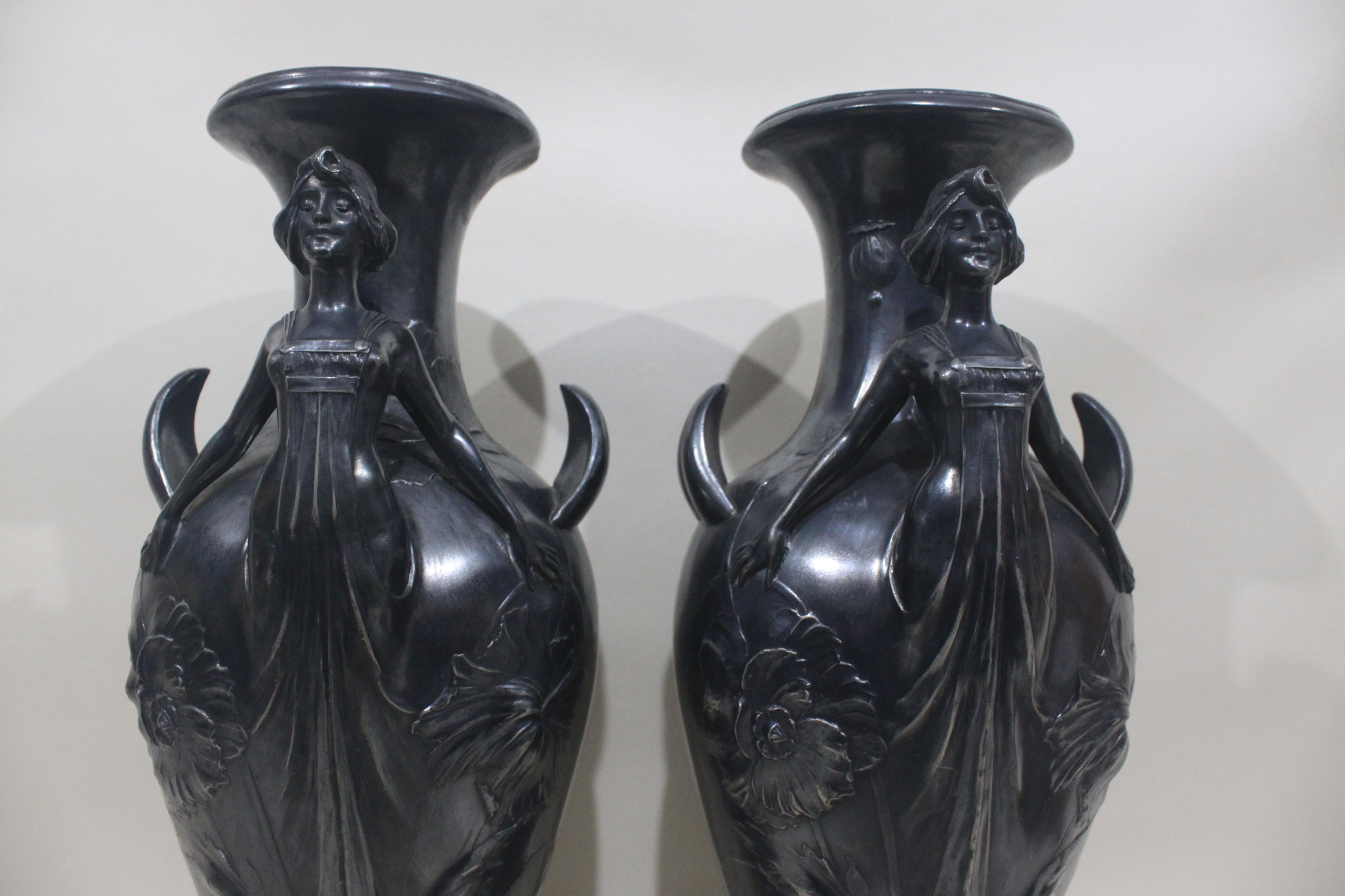 French Pair of Art Nouveau Silver Plated Vases with Stylized Female Figures For Sale