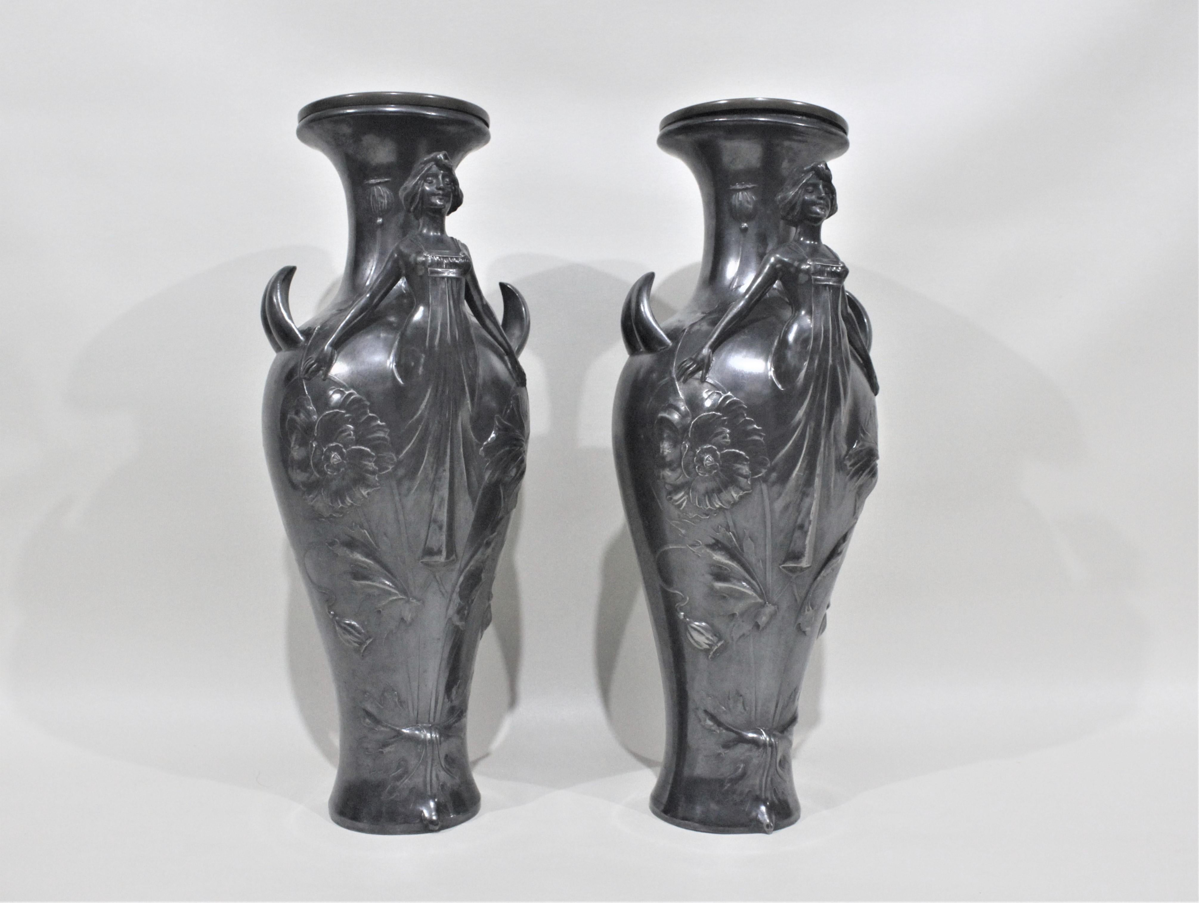 Cast Pair of Art Nouveau Silver Plated Vases with Stylized Female Figures For Sale