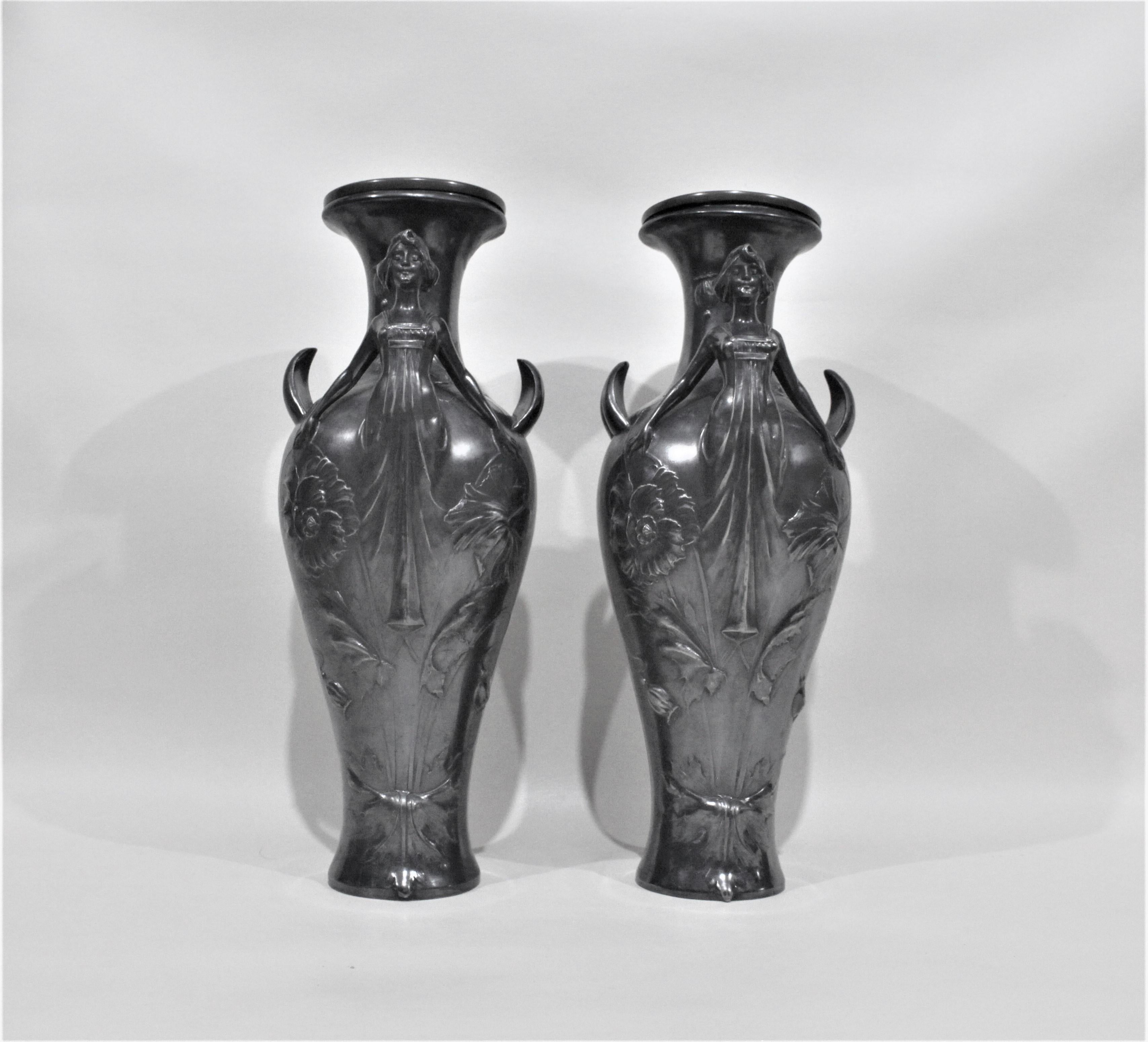 Pair of Art Nouveau Silver Plated Vases with Stylized Female Figures In Good Condition For Sale In Hamilton, Ontario