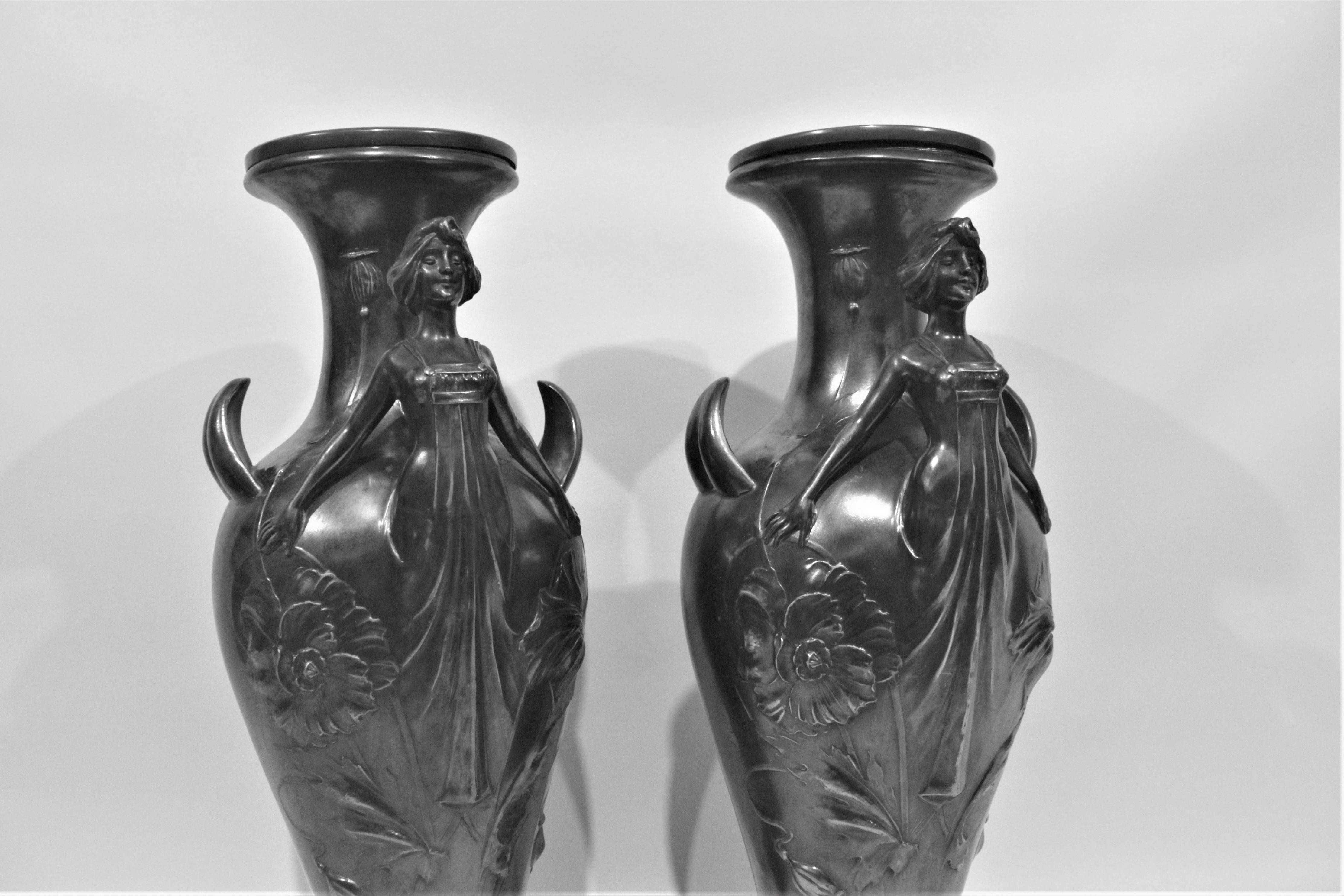 19th Century Pair of Art Nouveau Silver Plated Vases with Stylized Female Figures For Sale