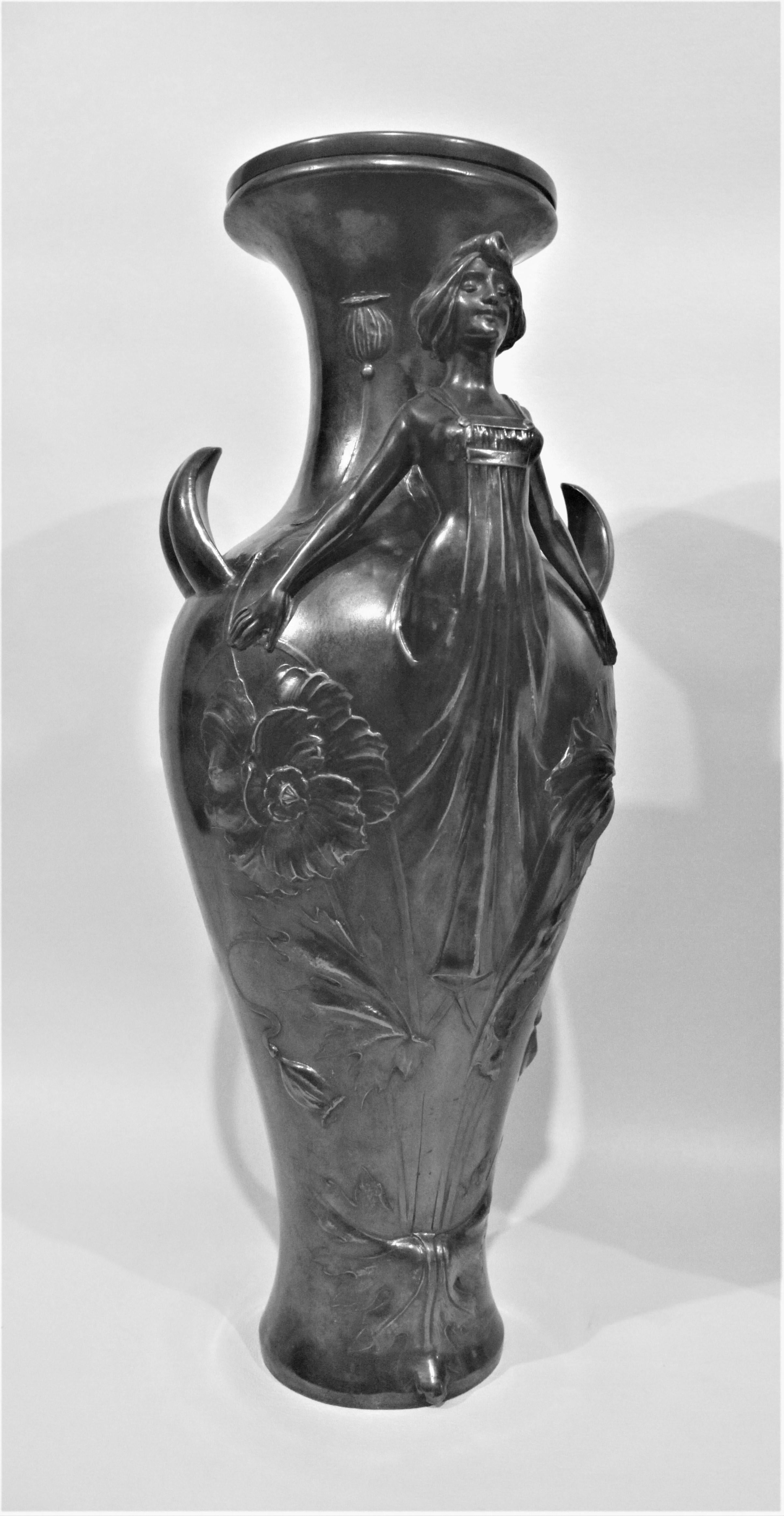 Pair of Art Nouveau Silver Plated Vases with Stylized Female Figures For Sale 1