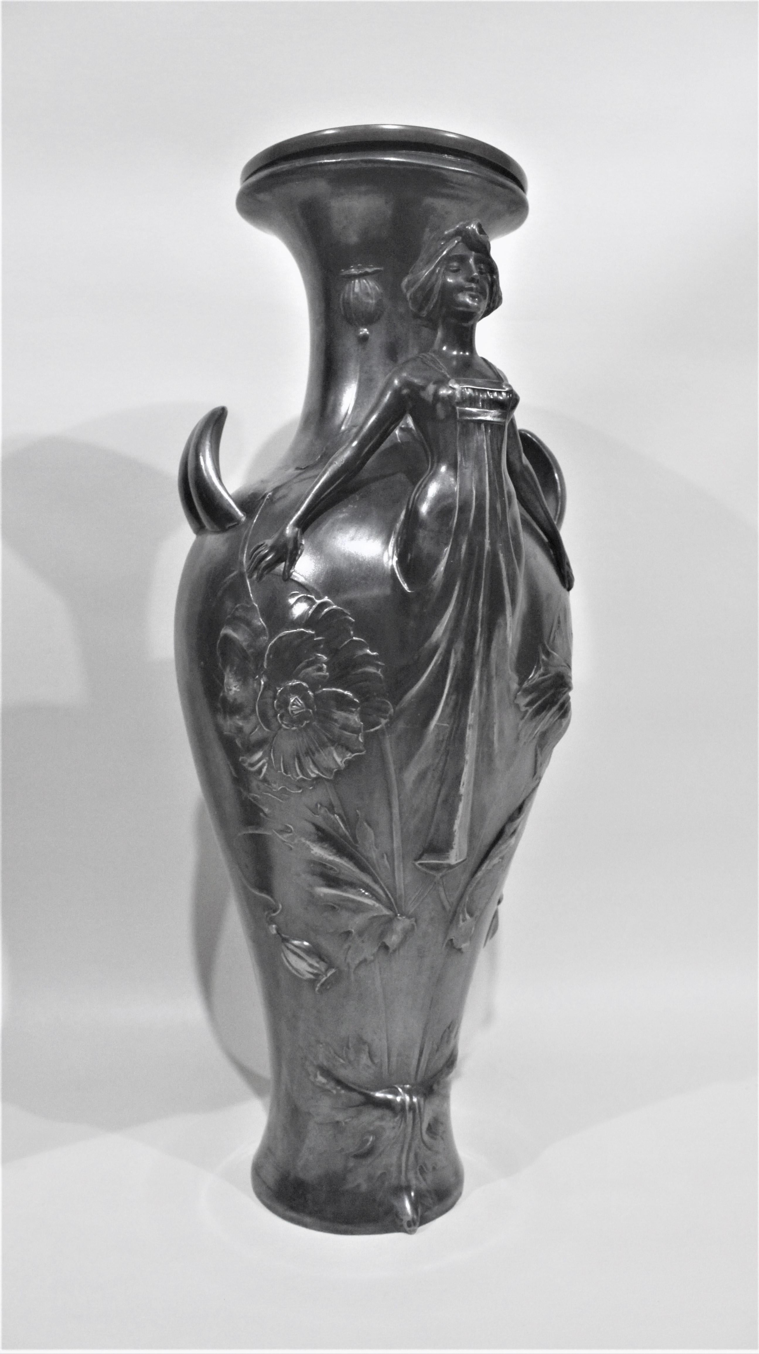 Pair of Art Nouveau Silver Plated Vases with Stylized Female Figures For Sale 2