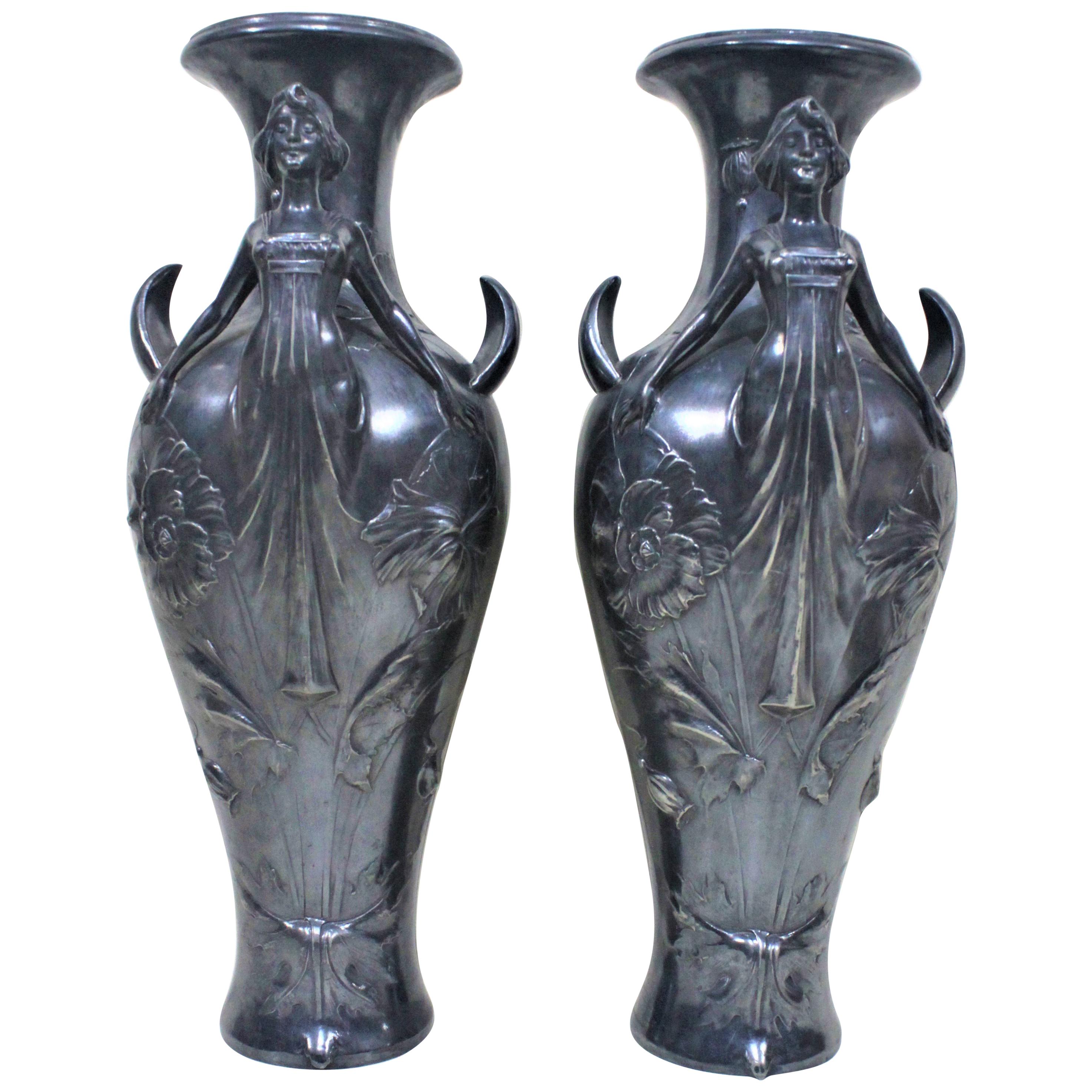 Pair of Art Nouveau Silver Plated Vases with Stylized Female Figures For Sale