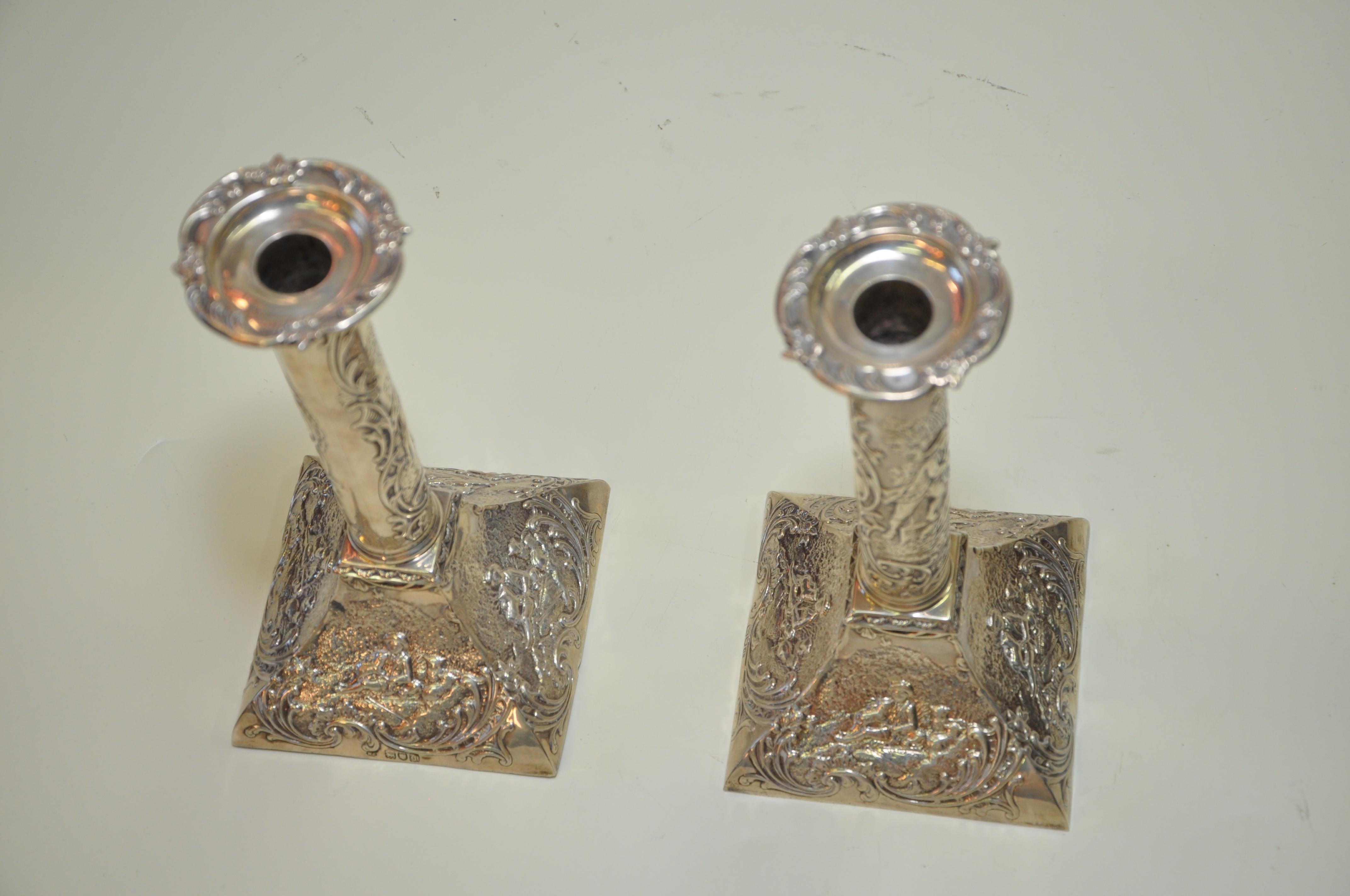 Pair of Art Nouveau Silver Victorian Candlesticks with Pretty Picture For Sale 4