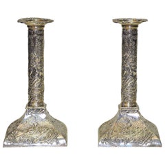 Pair of Art Nouveau Silver Victorian Candlesticks with Pretty Picture