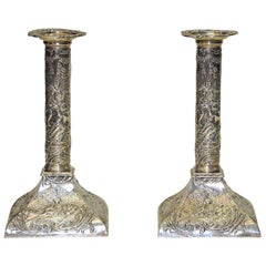 Pair of Art Nouveau Silver Victorian Candlesticks with Pretty Picture