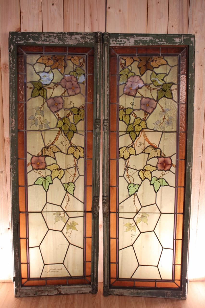 Art Glass Pair of Art Nouveau Stained Glass Signed by Jacques Gruber