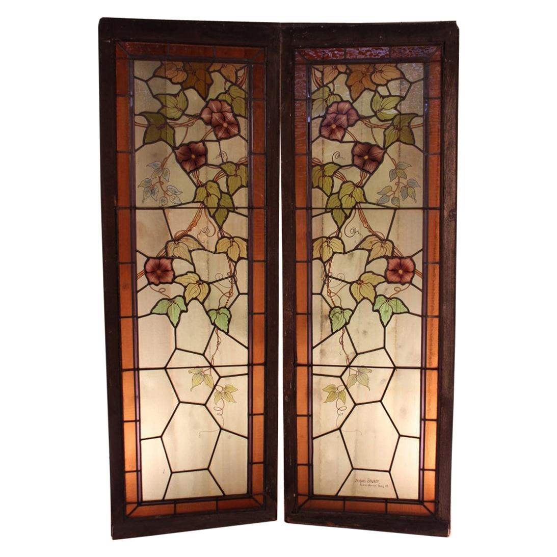 Pair of Art Nouveau Stained Glass Signed by Jacques Gruber