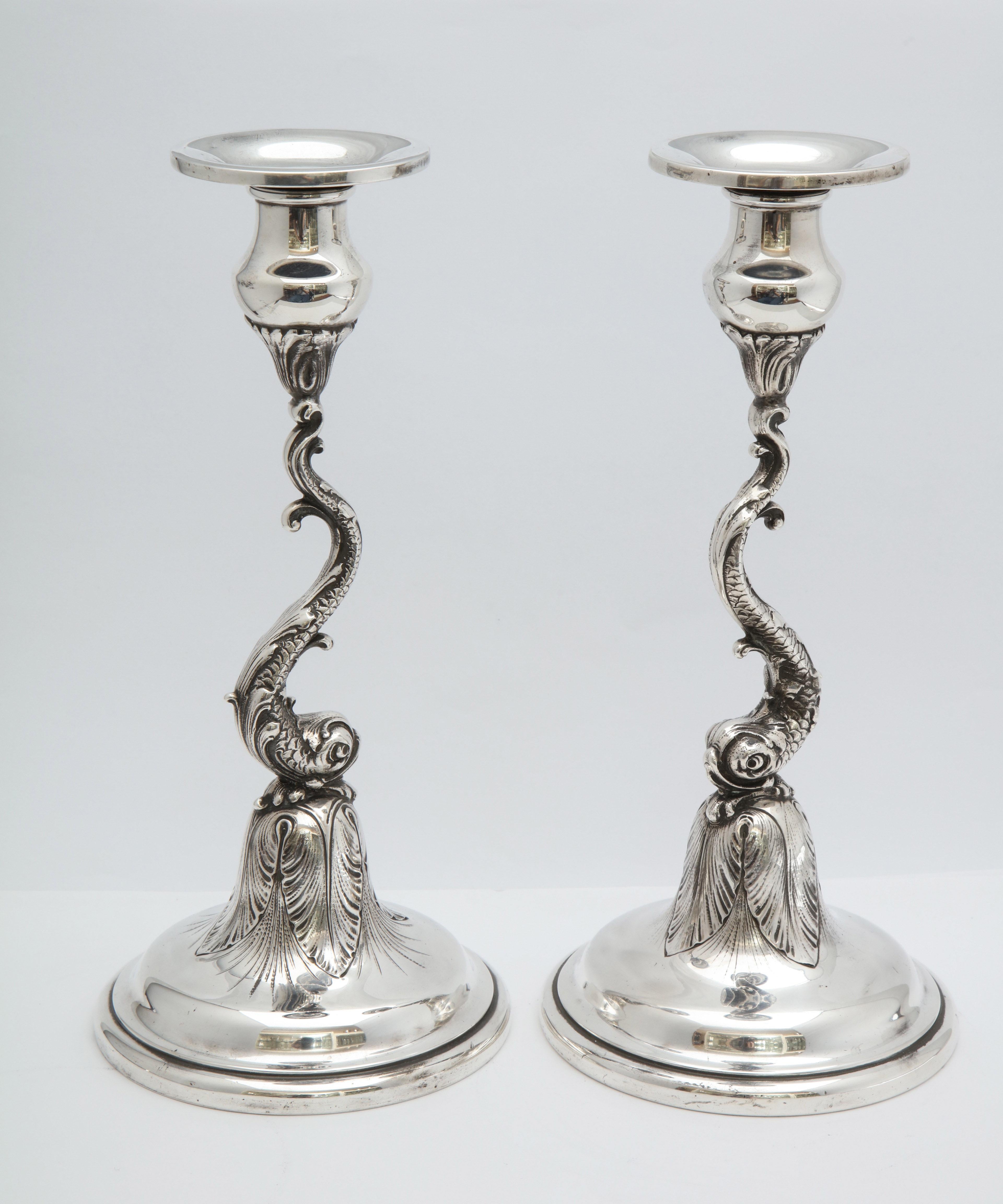 Pair of Art Nouveau Sterling Silver Dolphin-Form Candlesticks by Spaulding 3