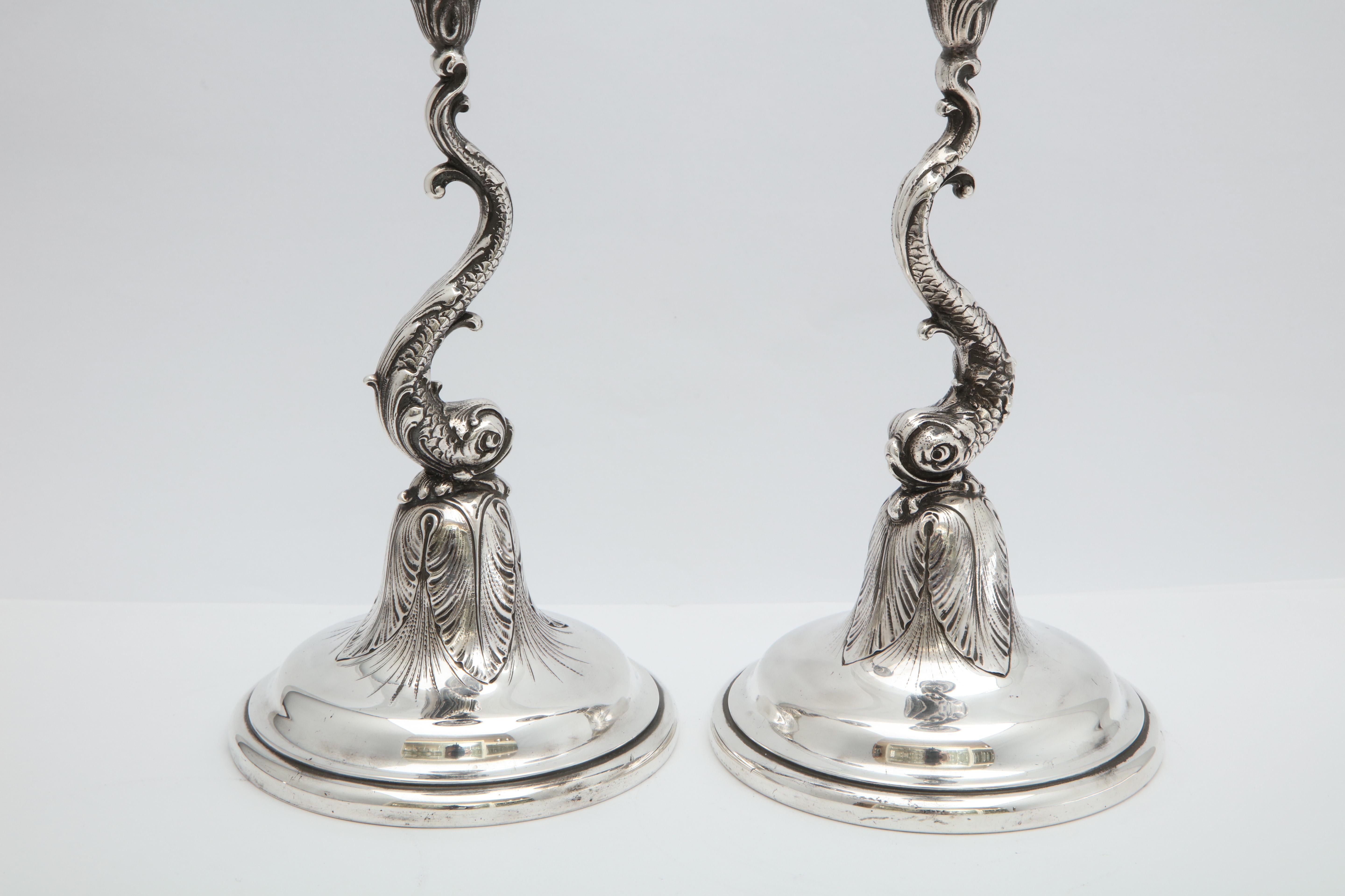 Pair of Art Nouveau Sterling Silver Dolphin-Form Candlesticks by Spaulding 4