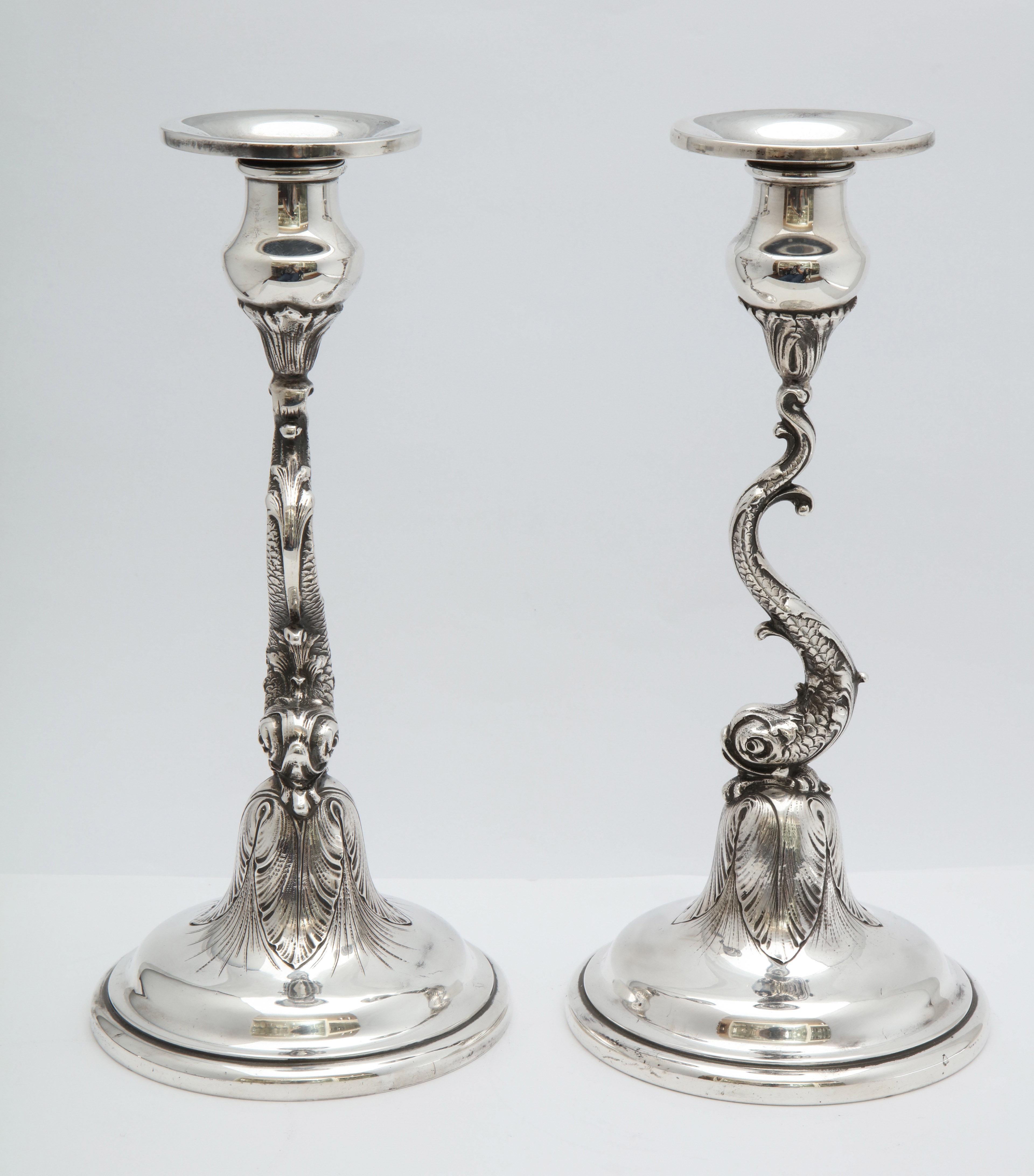 Pair of Art Nouveau Sterling Silver Dolphin-Form Candlesticks by Spaulding 1