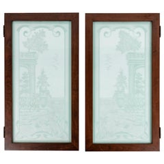 Antique Pair of Art Nouveau Style Etched Glass Windows 19th Century depicting swans.