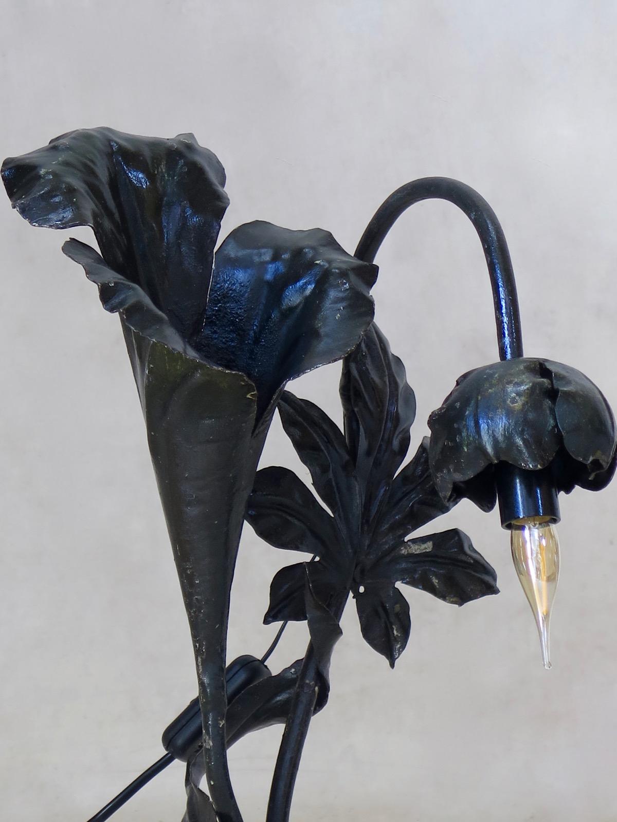 Blackened Pair of Art Nouveau Style Flower Lamps, France, circa 1950s For Sale