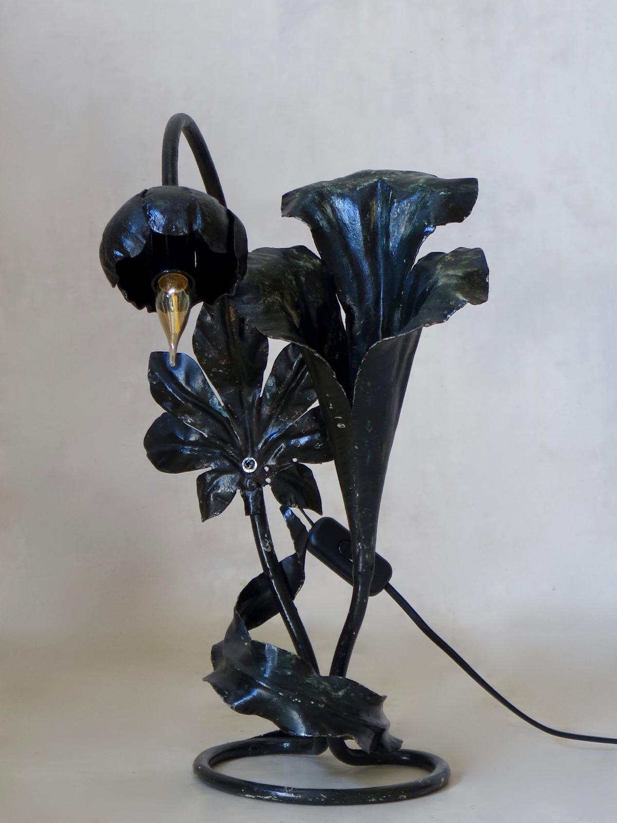 Metal Pair of Art Nouveau Style Flower Lamps, France, circa 1950s For Sale