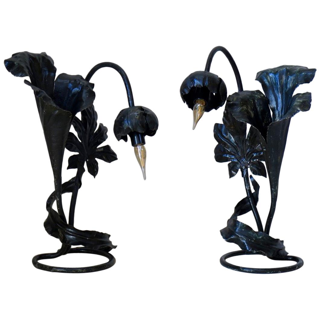 Pair of Art Nouveau Style Flower Lamps, France, circa 1950s For Sale