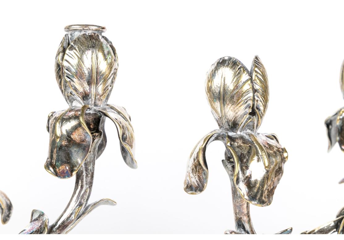 Pair Of Art Nouveau Style Silvered Bronze Four Light Iris Candelabra For Sale 5