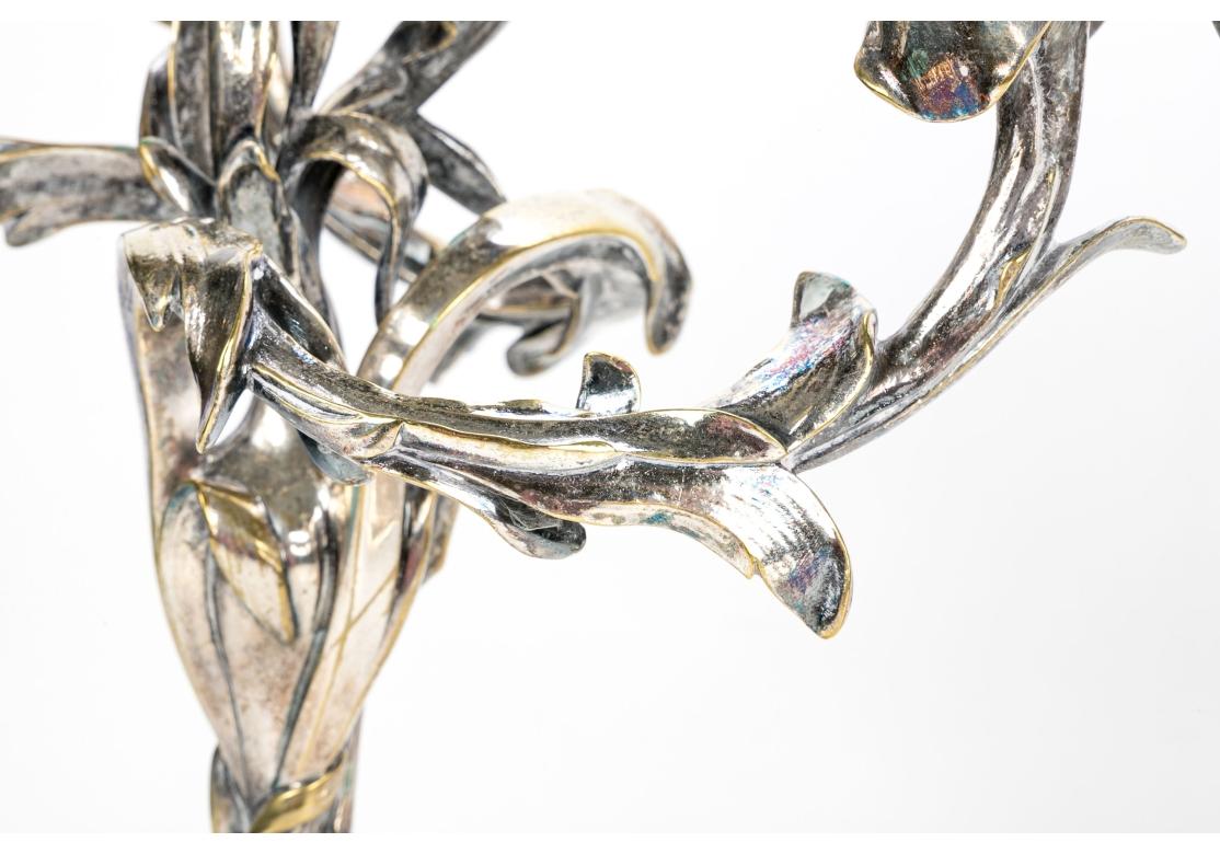 Pair Of Art Nouveau Style Silvered Bronze Four Light Iris Candelabra For Sale 2