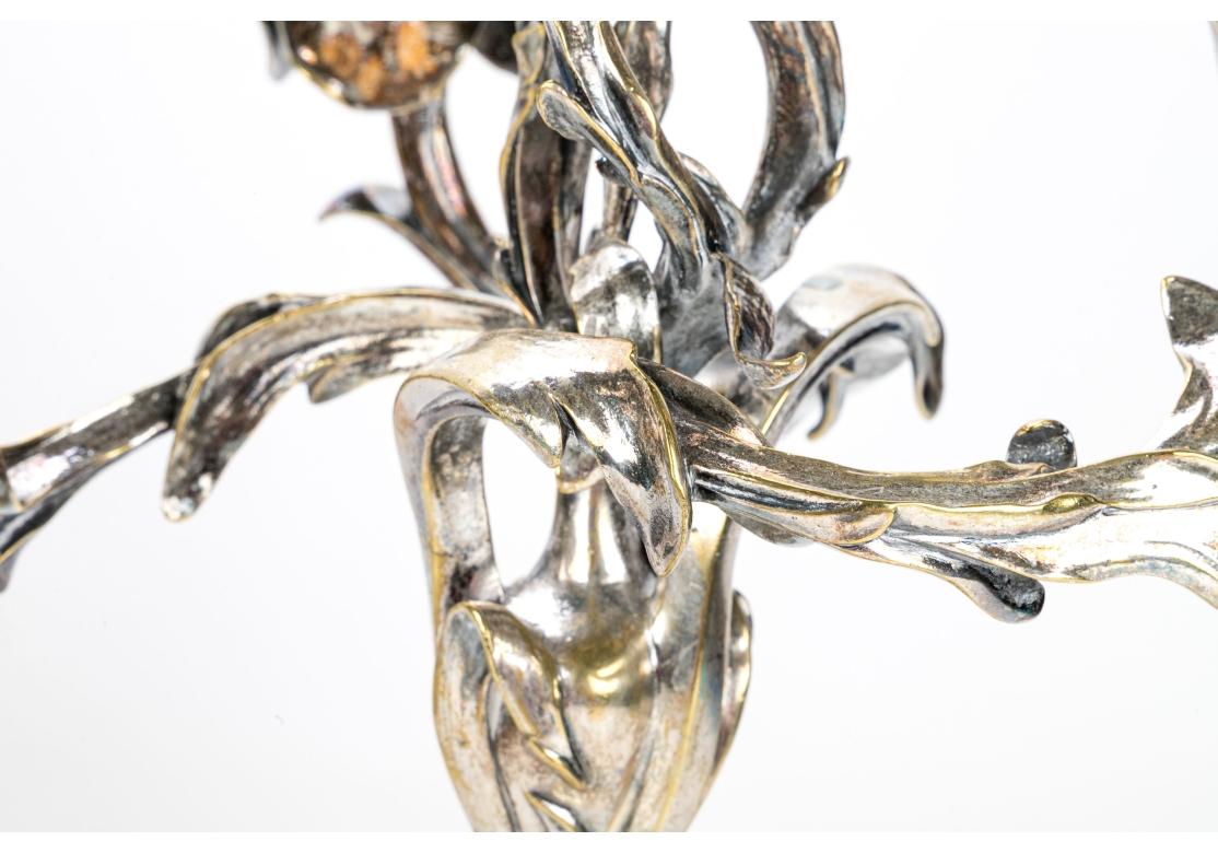 Pair Of Art Nouveau Style Silvered Bronze Four Light Iris Candelabra For Sale 3