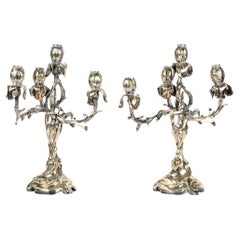 Pair Of Art Nouveau Style Silvered Bronze Four Light Iris Candelabra