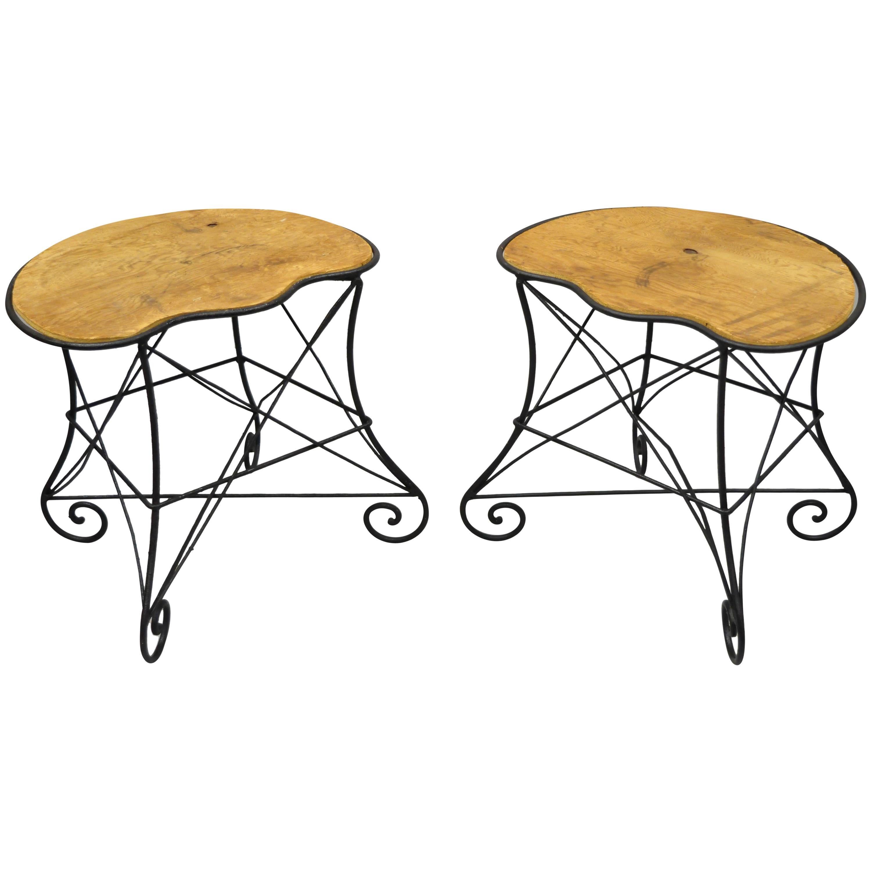 Pair of Art Nouveau Style Stool Bench Seats with Scrolling Wrought Iron Frame
