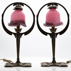 Pair of Art Nouveau Style Table Lamps Pink Glass and Brass, France