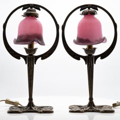 Pair of Art Nouveau Style Table Lamps Pink Glass and Brass, France