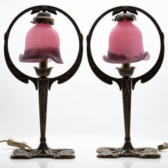 Pair of Art Nouveau Style Table Lamps Pink Glass and Brass, France