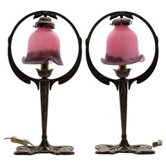 Pair of Art Nouveau Style Table Lamps Pink Glass and Brass, France