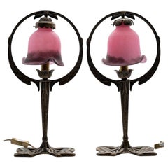 Pair of Art Nouveau Style Table Lamps Pink Glass and Brass, France