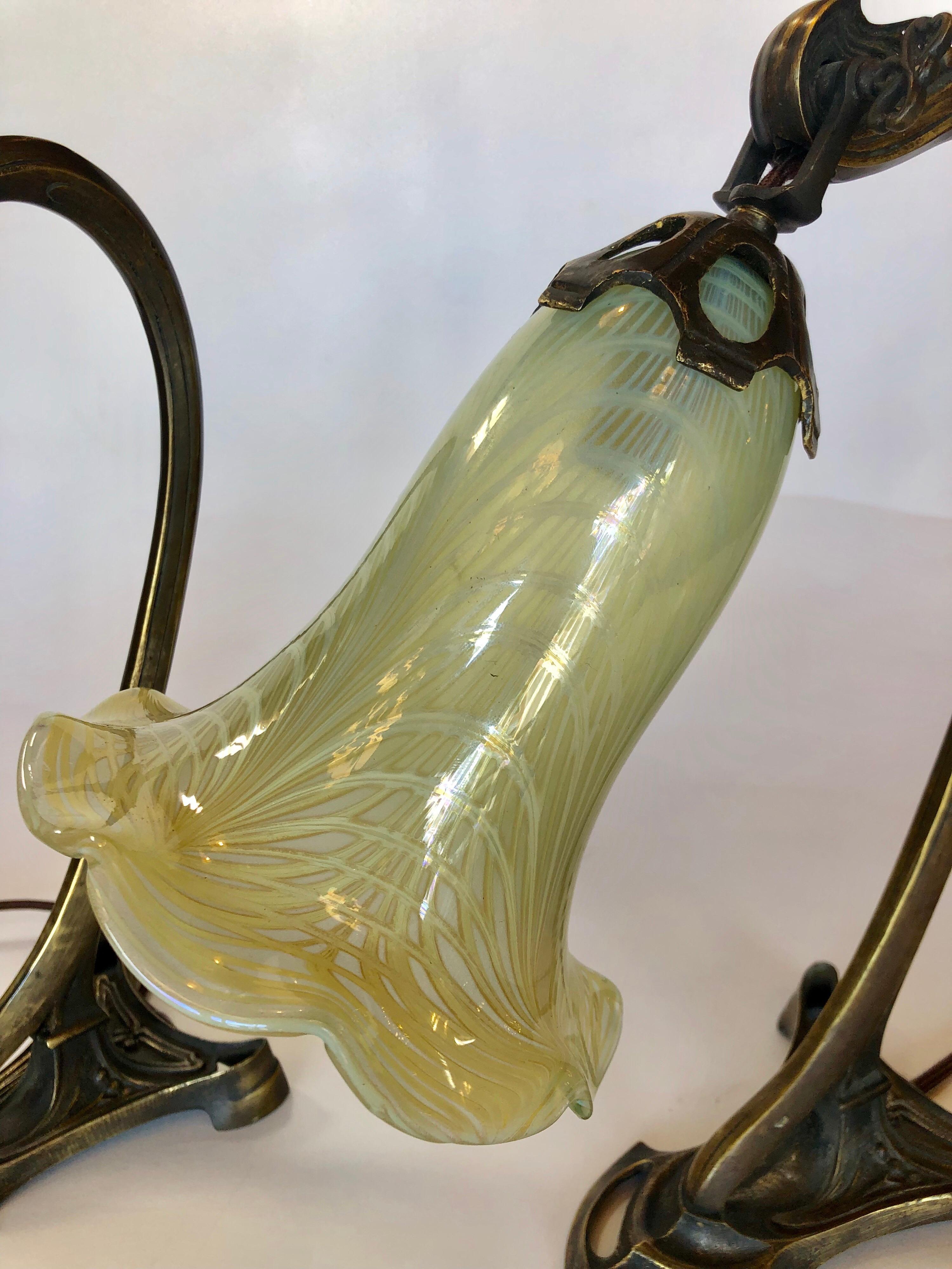 Patinated Pair of Art Nouveau Table Lamps For Sale