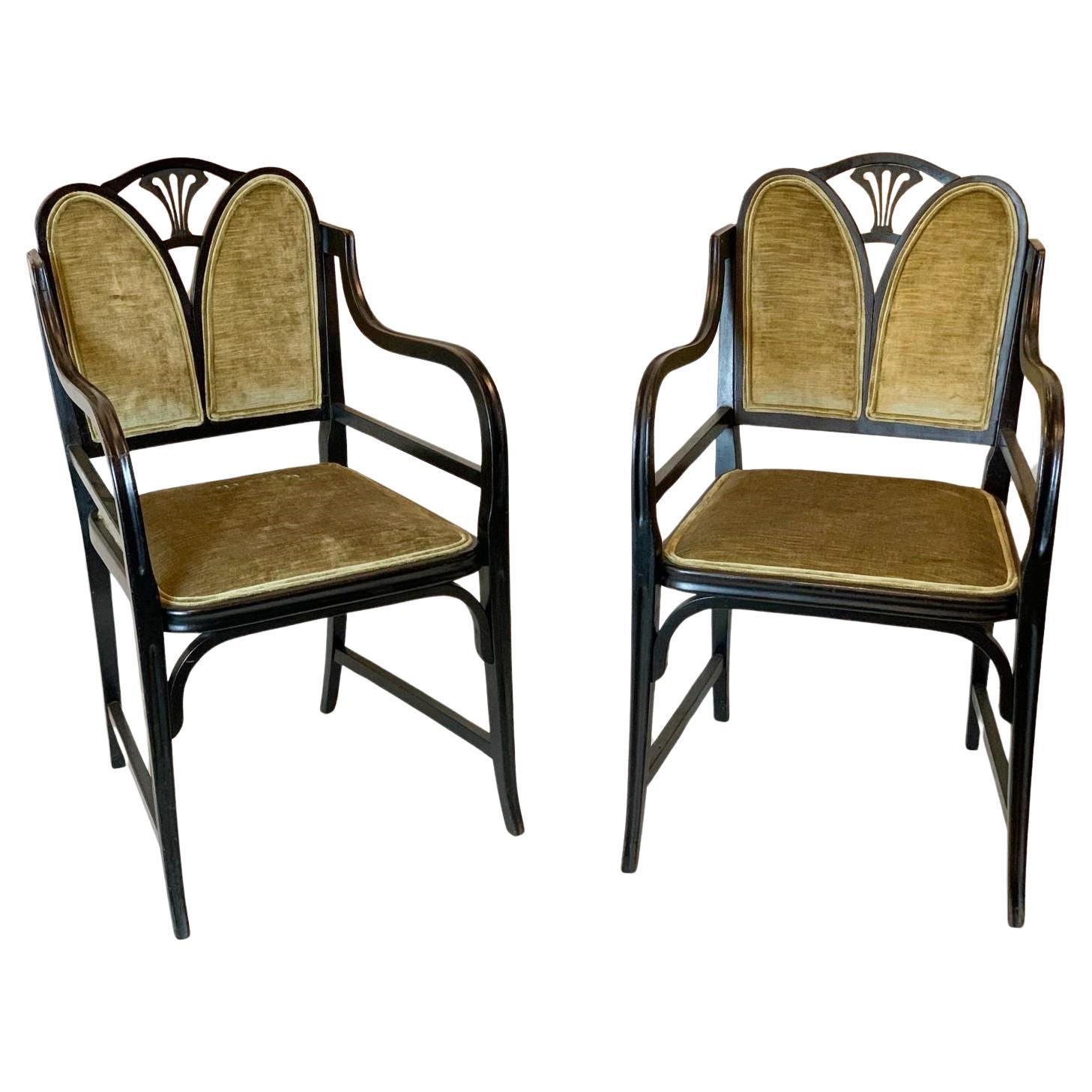 Pair Of Art Nouveau Thonet Armchairs - Black Lacquered Bentwood and Velvet