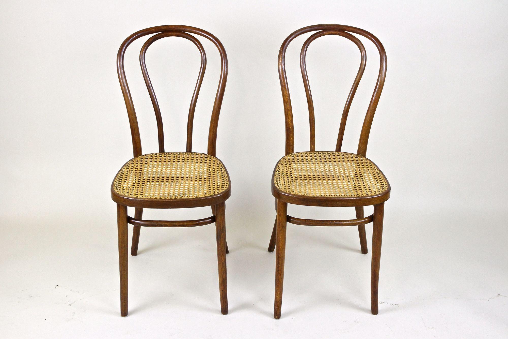 Elegant set of two bentwood chairs made by the renown company of Thonet in Vienna/ Austria in the era around 1890. These beautiful Art Nouveau chairs from the earlier period are the famous Thonet coffeehouse chairs model No. 14. Created out of fine