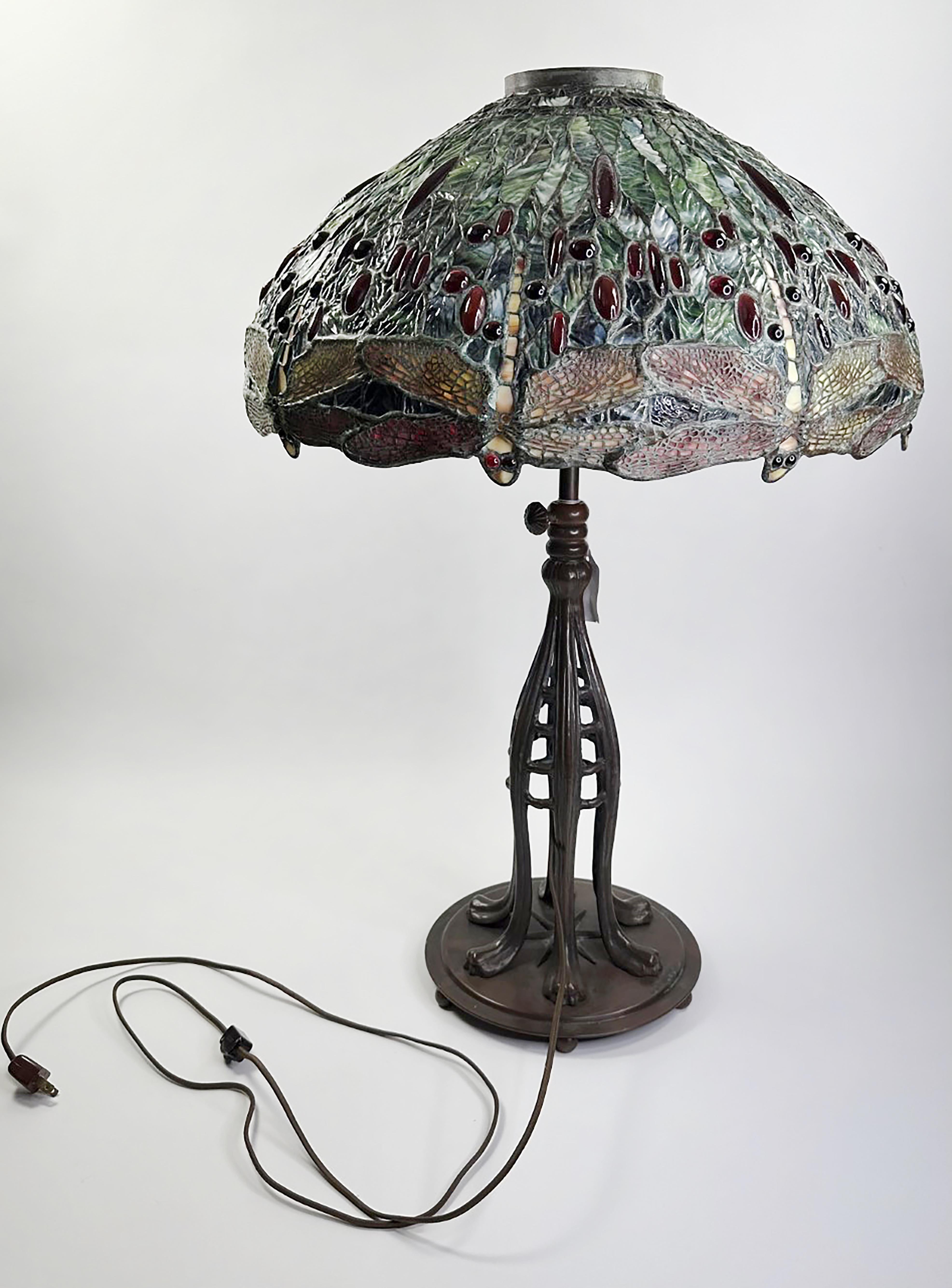 Pair of Art Nouveau Tiffany Style Lamps with Hand Leaded Glass Shades For Sale 5