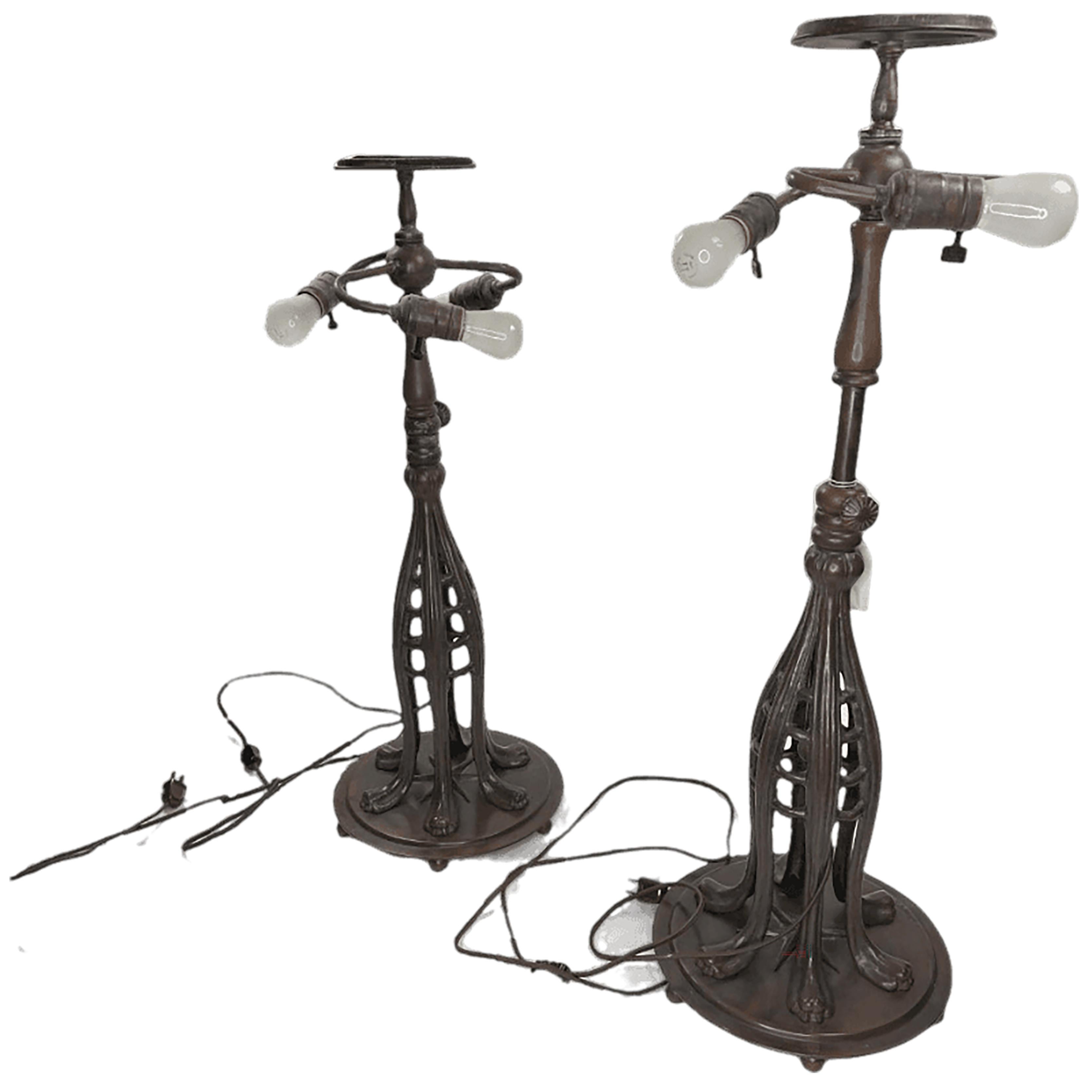 American Pair of Art Nouveau Tiffany Style Lamps with Hand Leaded Glass Shades For Sale