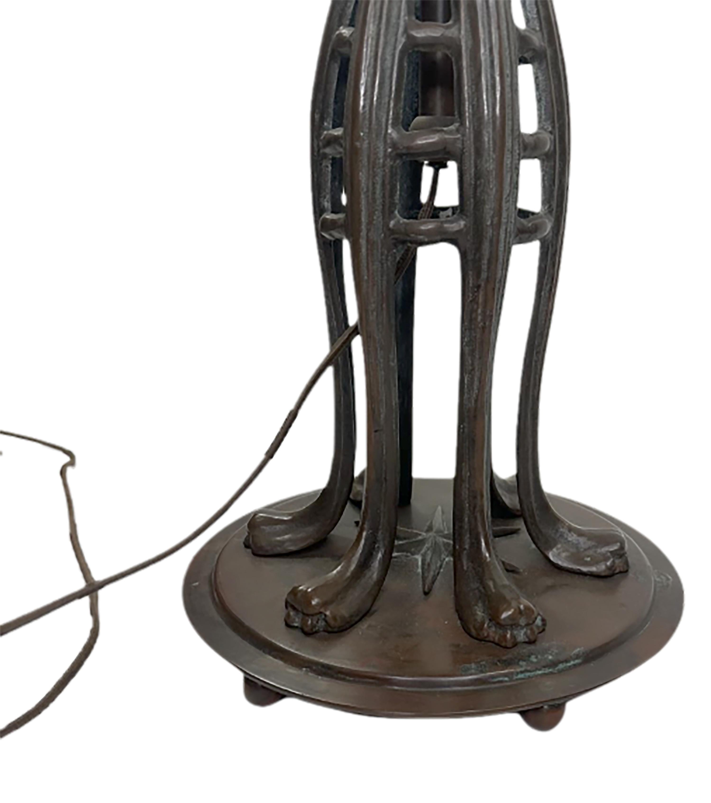 Bronze Pair of Art Nouveau Tiffany Style Lamps with Hand Leaded Glass Shades For Sale