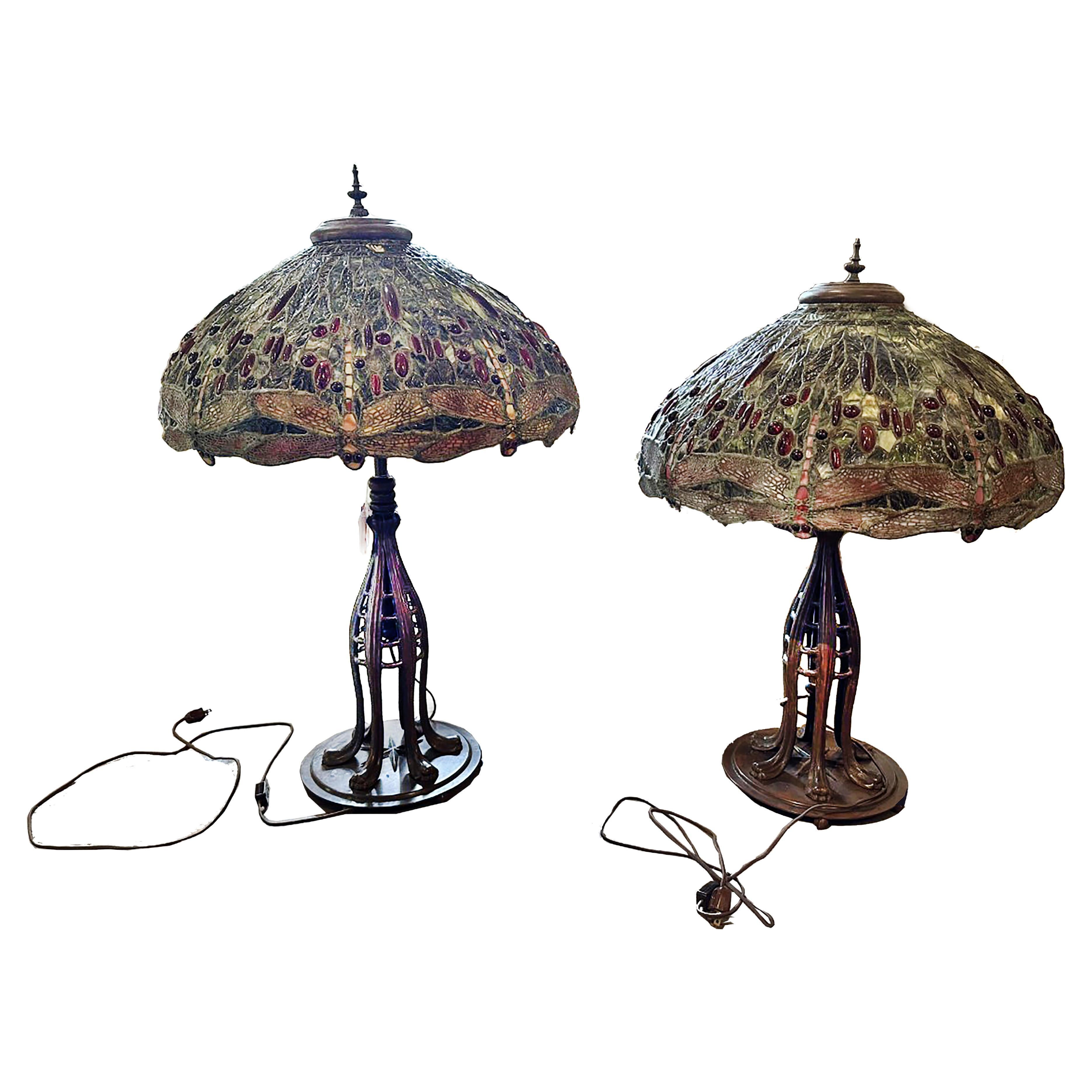 Pair of Art Nouveau Tiffany Style Lamps with Hand Leaded Glass Shades