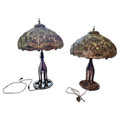 Pair of Art Nouveau Tiffany Style Lamps with Hand Leaded Glass Shades