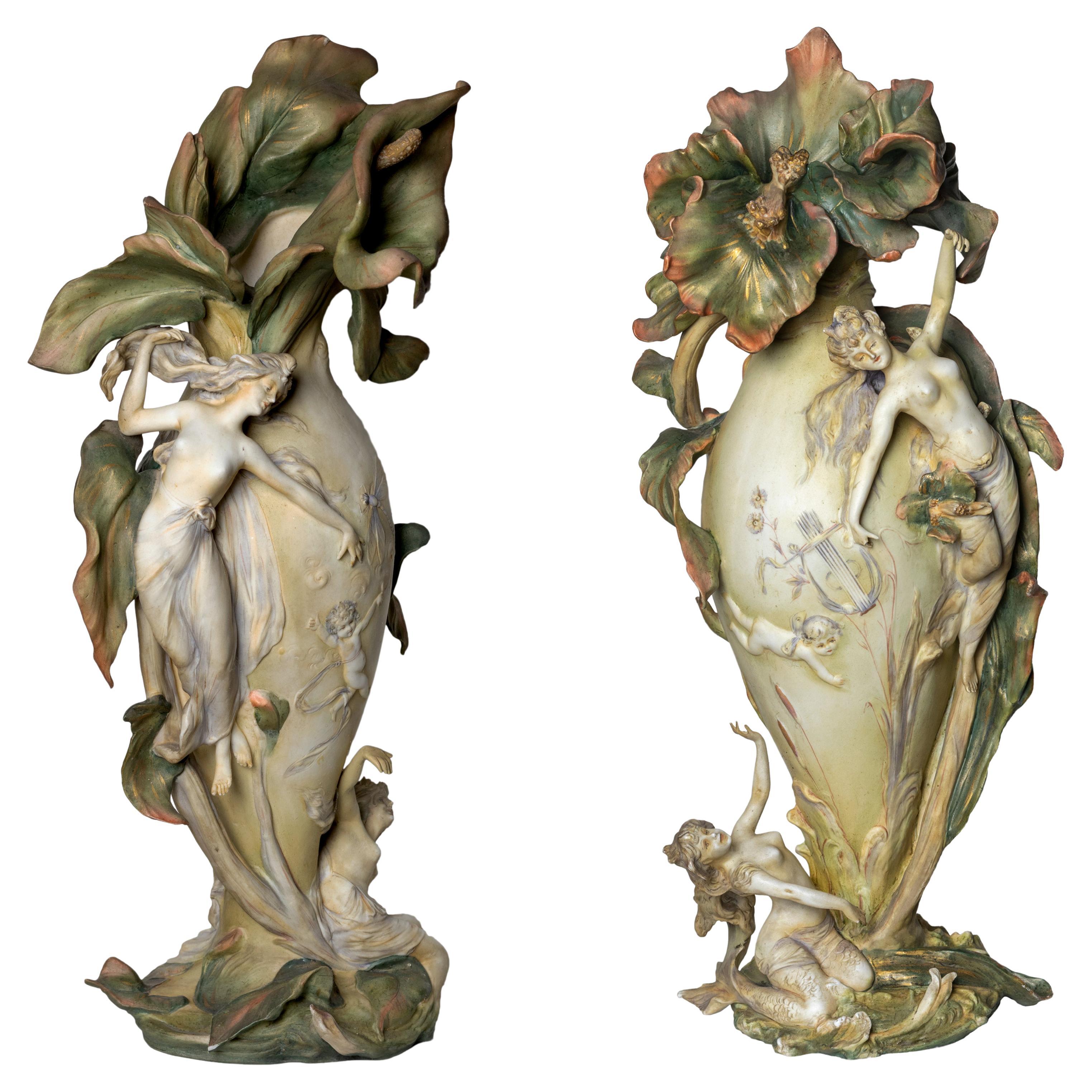 Pareja De Jarrones Art Nouveau, Karl Ens Volkstedt, (circa 1896) en venta