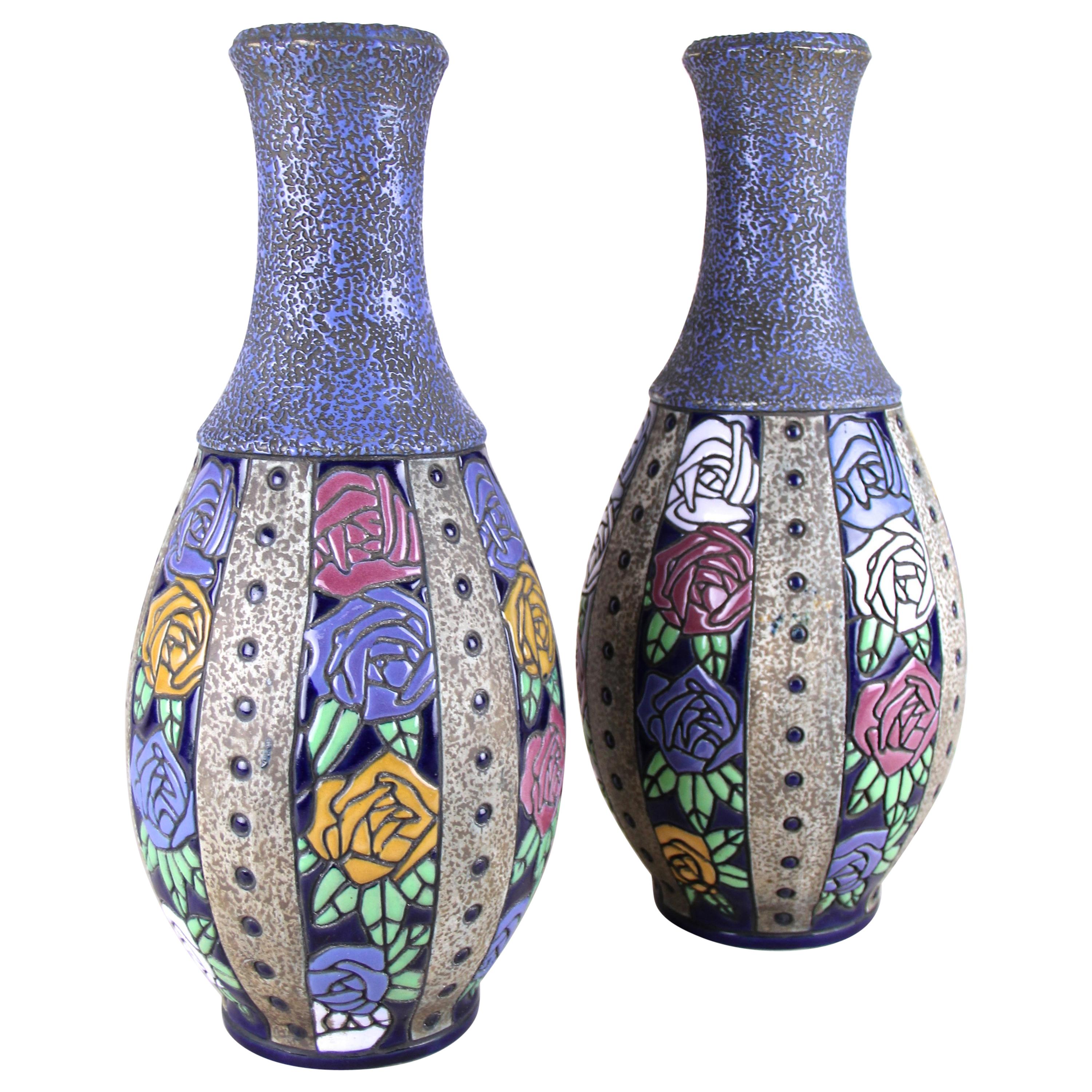 Pair of Art Nouveau Vases "Roses" by Amphora, CZ, circa 1915