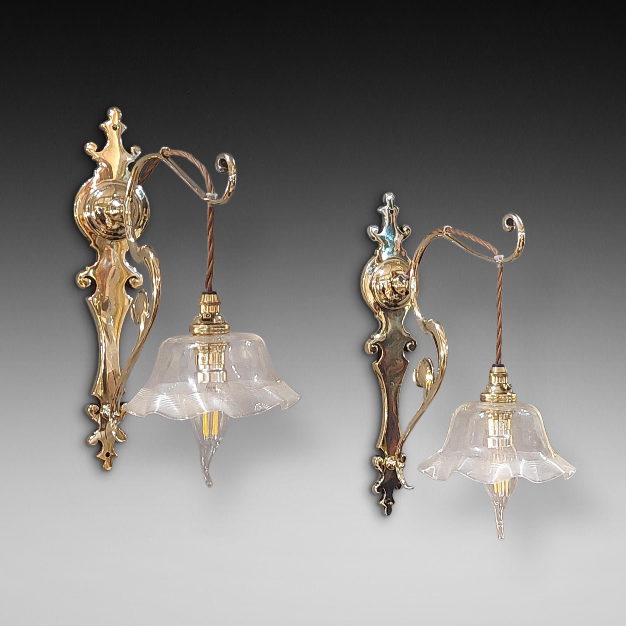 Pair of Brass Art Nouveau Wall Sconces, c1900 Stylistic Brass Back Plates Supporting Dangling Milk Glass Shades - 6