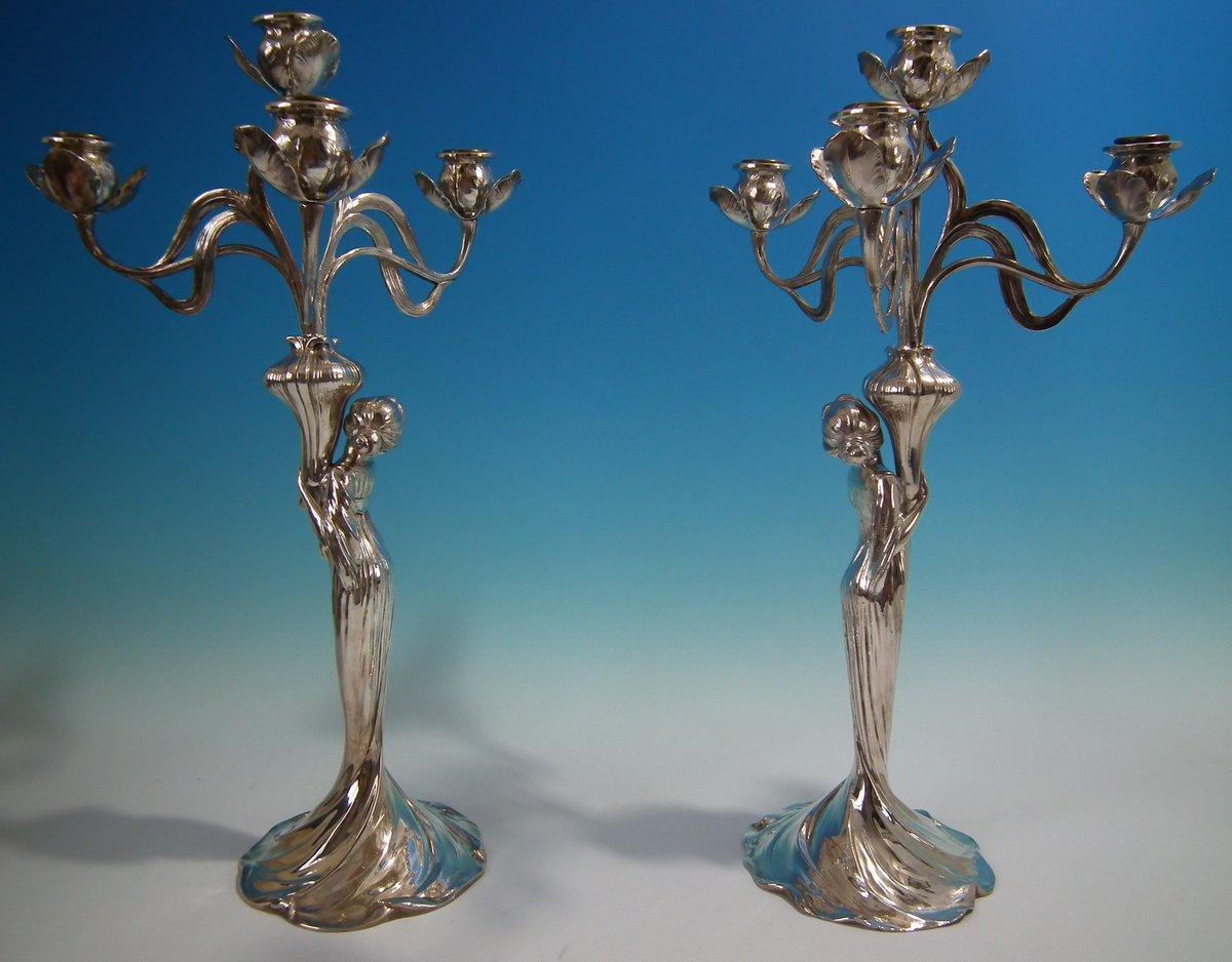 Plated Pair of Art Nouveau WMF 4-Branch Maiden Candelabra