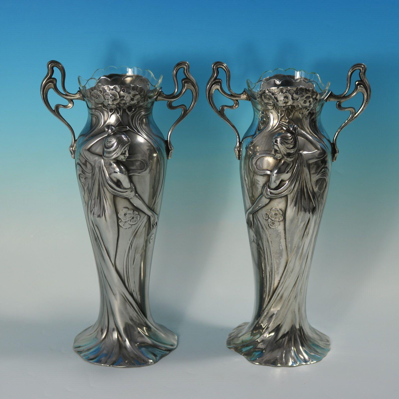 Metallo Coppia di vasi da fanciulla in stile Art Nouveau WMF in vendita