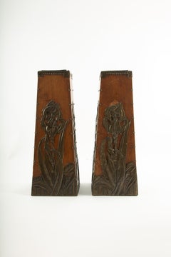 Pair of Art Nouveau Wood & Repoussé Copper Iris Vases w/ Original Metal Inserts