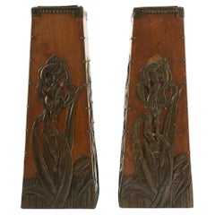 Pair of Art Nouveau Wood & Repoussé Copper Iris Vases w/ Original Metal Inserts