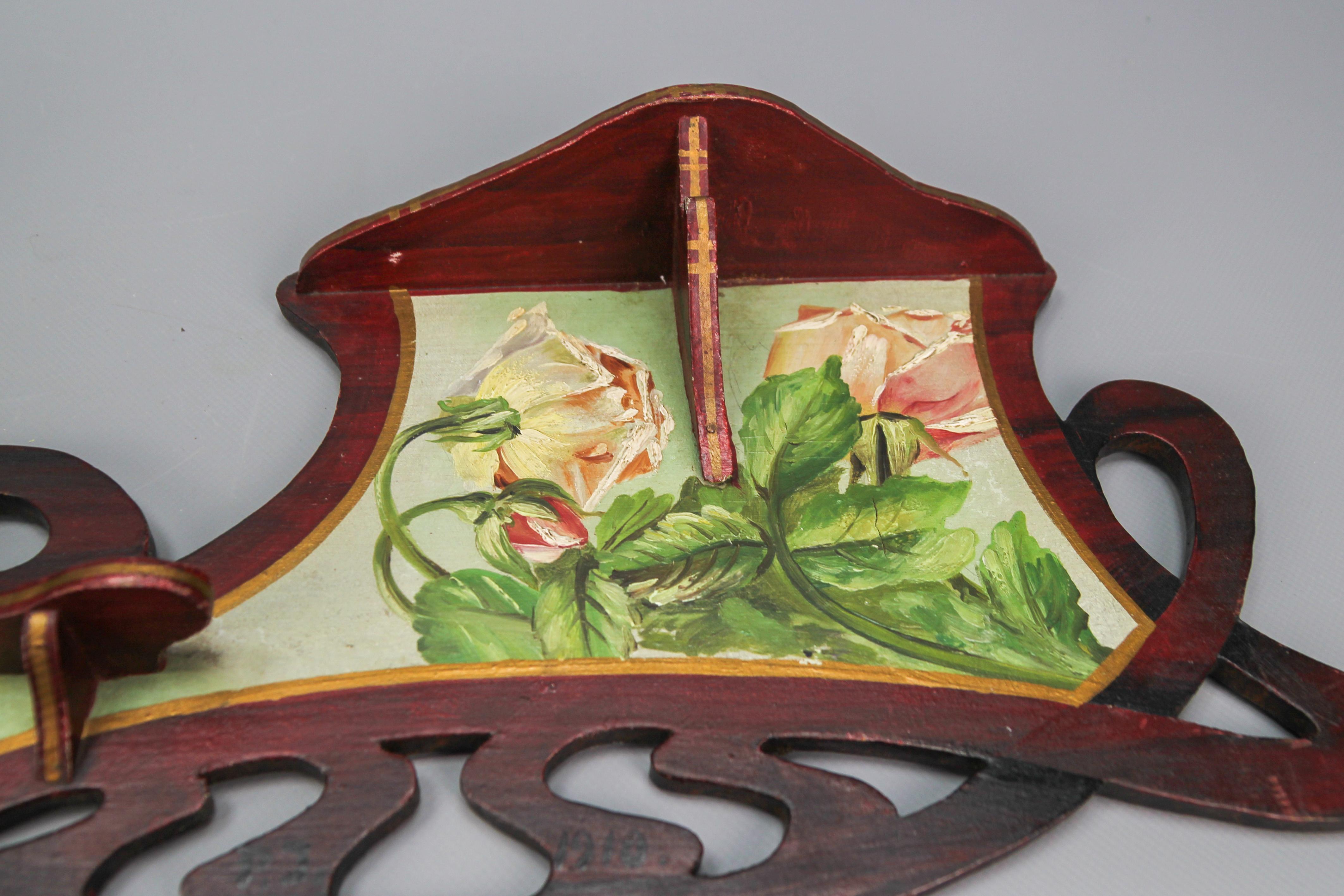 Pair of Art Nouveau Wooden Hand-Painted Floral Shelves, Germany, 1910 For Sale 8