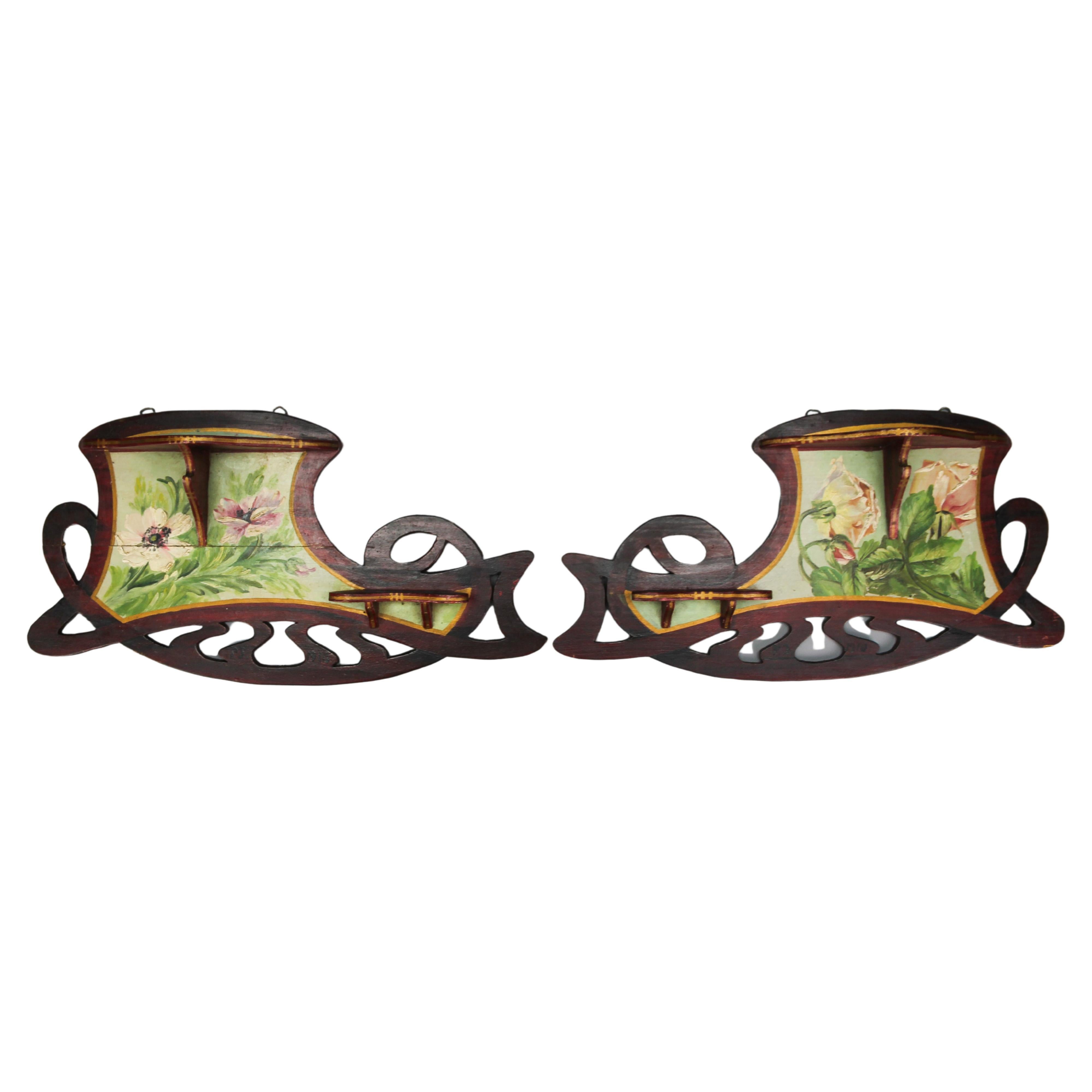 Pair of Art Nouveau Wooden Hand-Painted Floral Shelves, Germany, 1910 For Sale