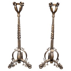 Pair Of Art Nouveau Wrought Iron Andirons