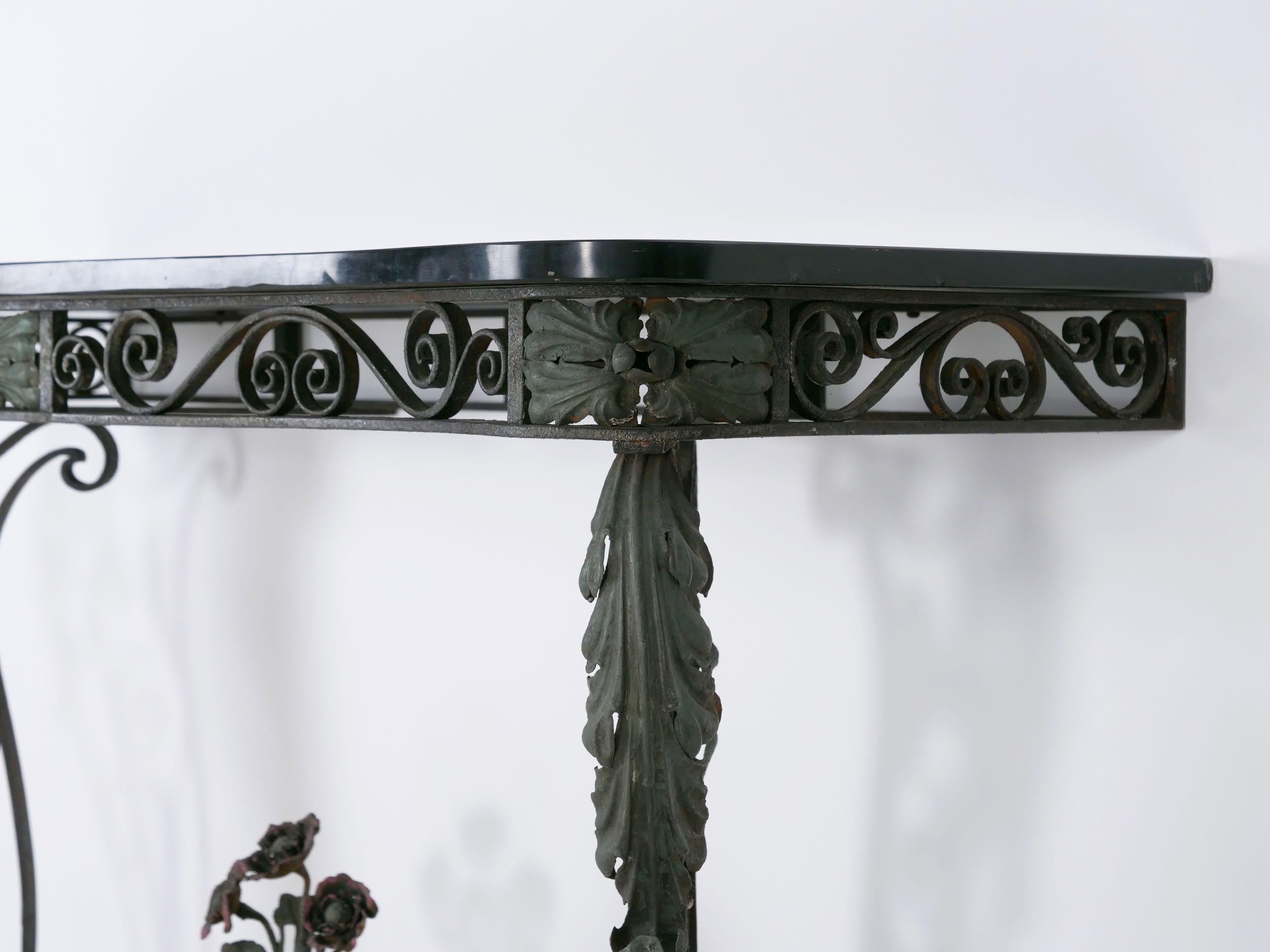 Pair of Art Nouveau Wrought Iron Antique Black Stone Console Tables 8